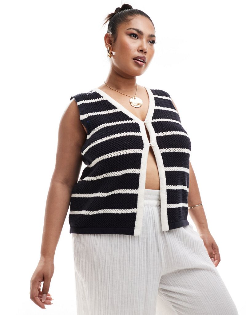 4th & Reckless Plus exclusive knit contrast edge button detail vest in black stripe 4th & Reckless Plus