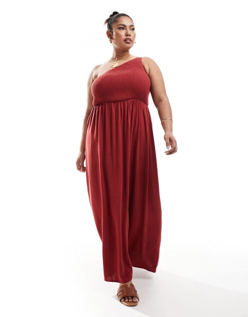 4th & Reckless Plus exclusive linen mix shirred one shoulder drop waist maxi dress in washed red 4th & Reckless Plus