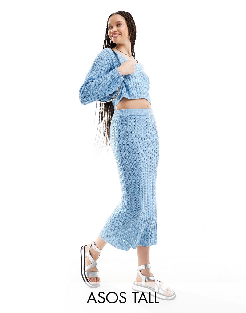 ASOS DESIGN Tall knit midi skirt in open stitch in blue - part of a set ASOS Tall