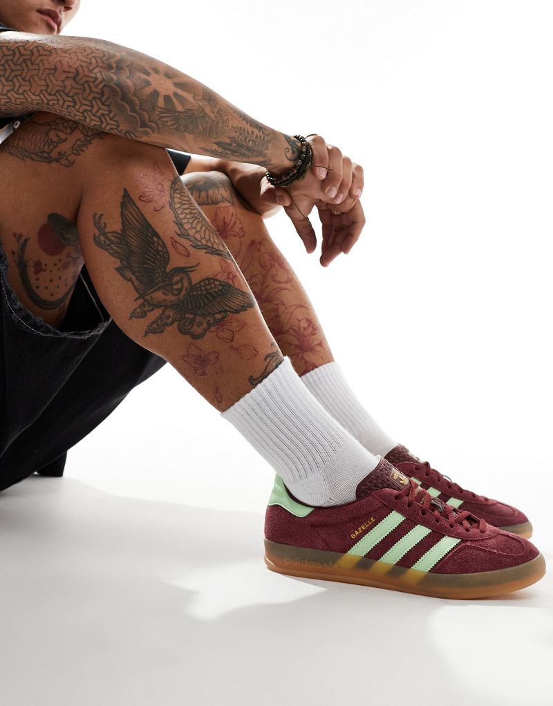 adidas Originals Gazelle Indoor sneakers with rubber sole in burgundy and light green Adidas