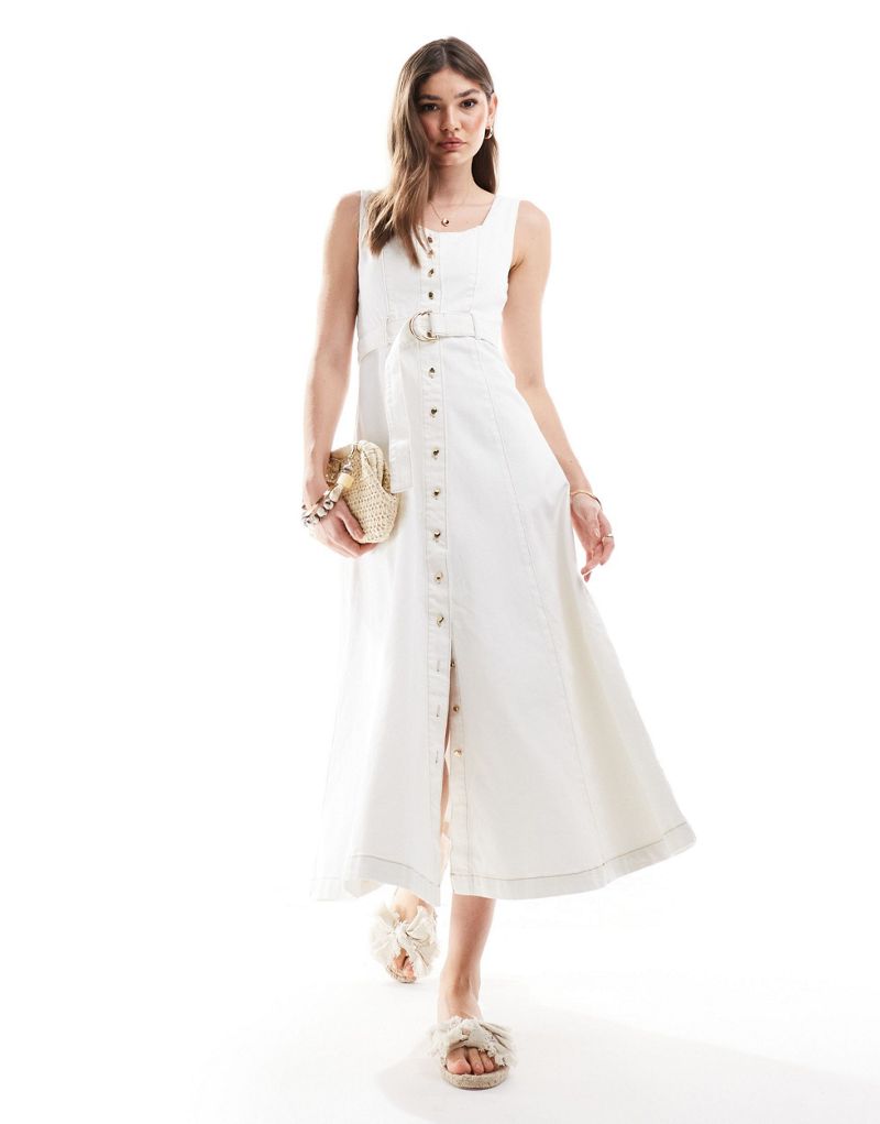 Ever New denim belted midi dress in white Ever New