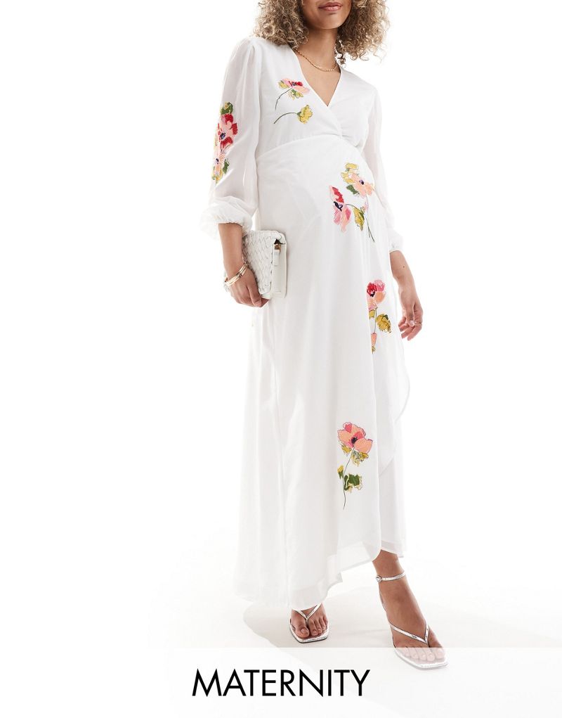Hope & Ivy Maternity wrap maxi dress with floral embroidery in white  Hope & Ivy