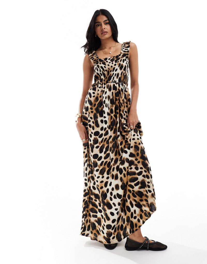 JDY shirred top maxi dress in leopard print JDY