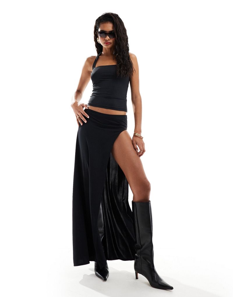 Lioness low rise thigh split maxi skirt in black - part of a set Lioness