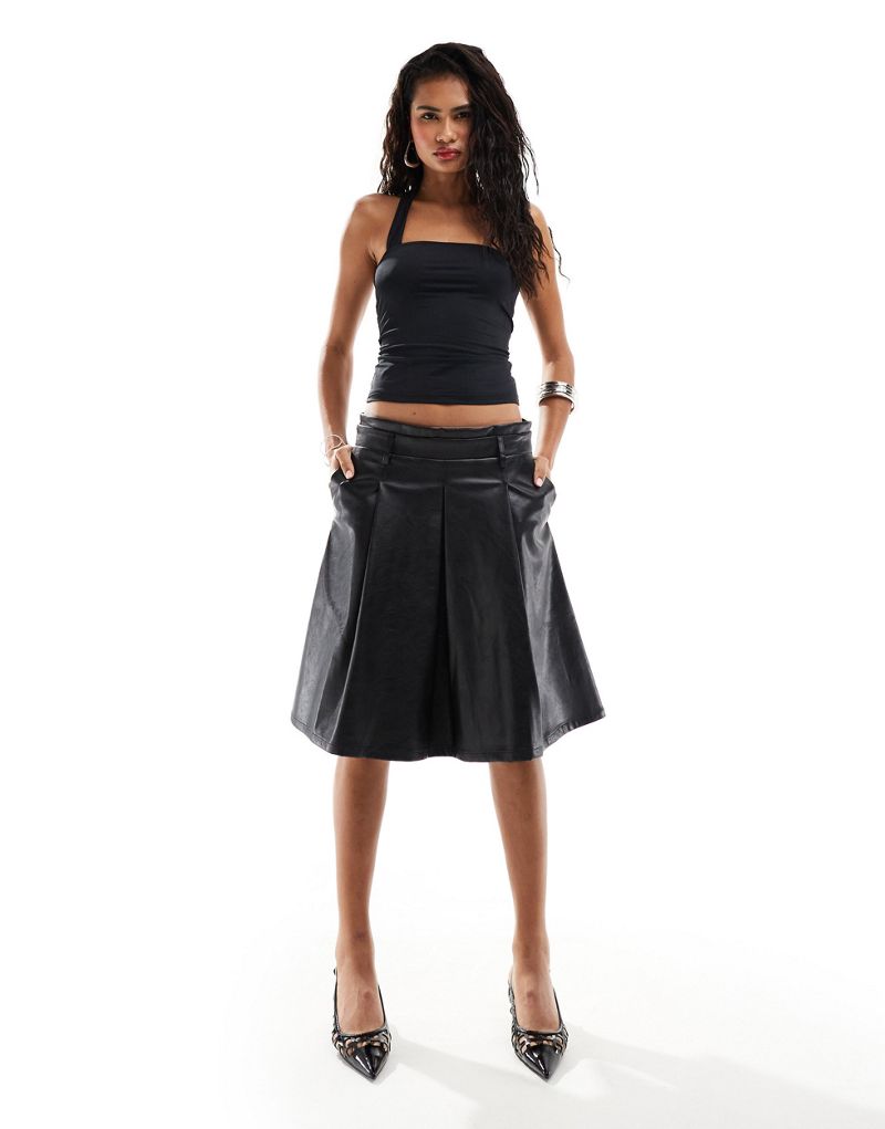 Lioness leather look low rise pleated midi skirt in black Lioness