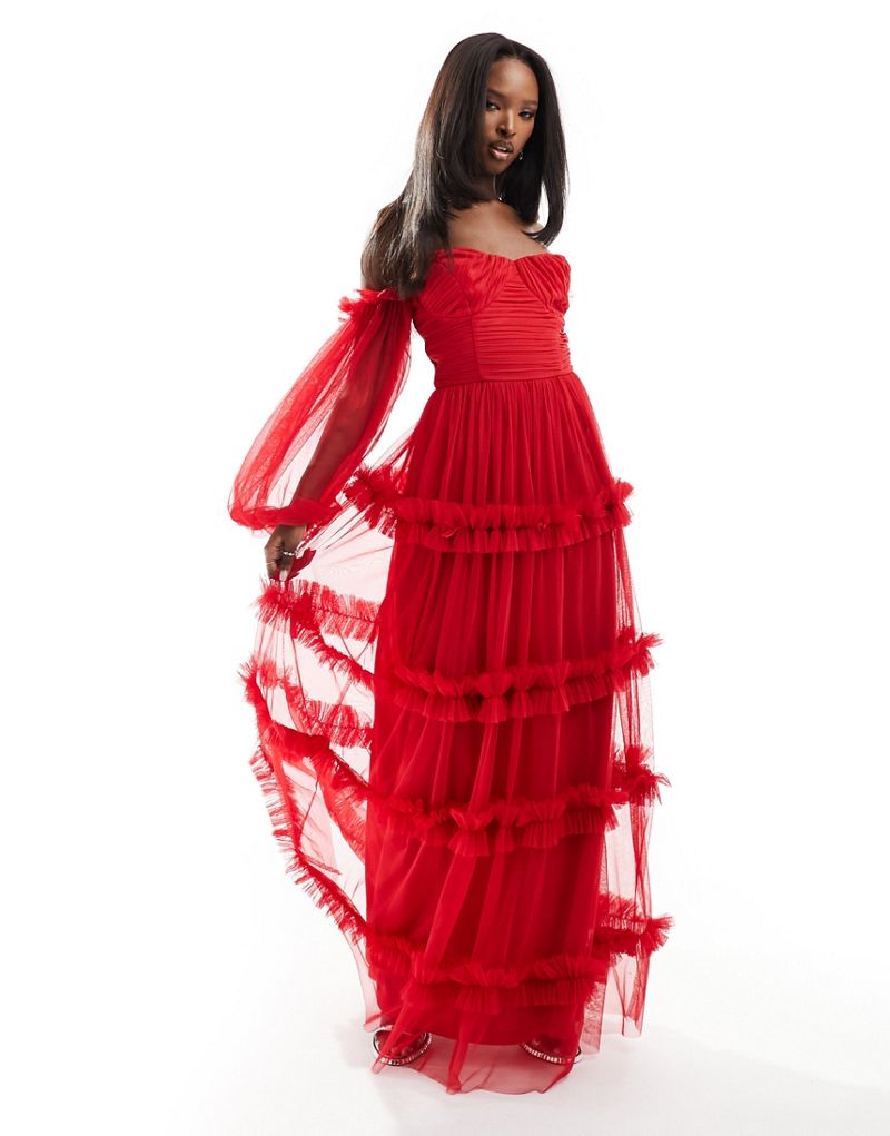 Lace & Beads sheer sleeve tulle ruffle maxi dress in red LACE & BEADS