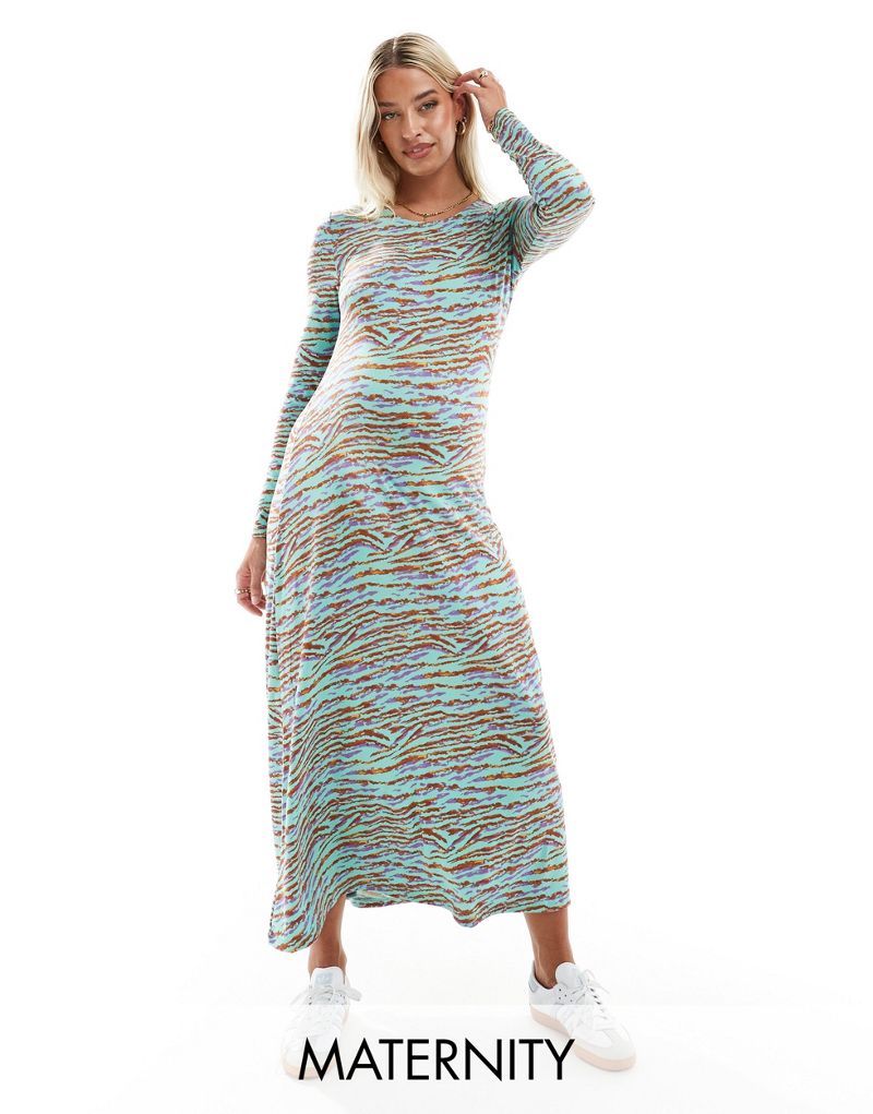 Mamalicious Maternity long sleeve maxi dress in multi zebra print MAMALICIOUS