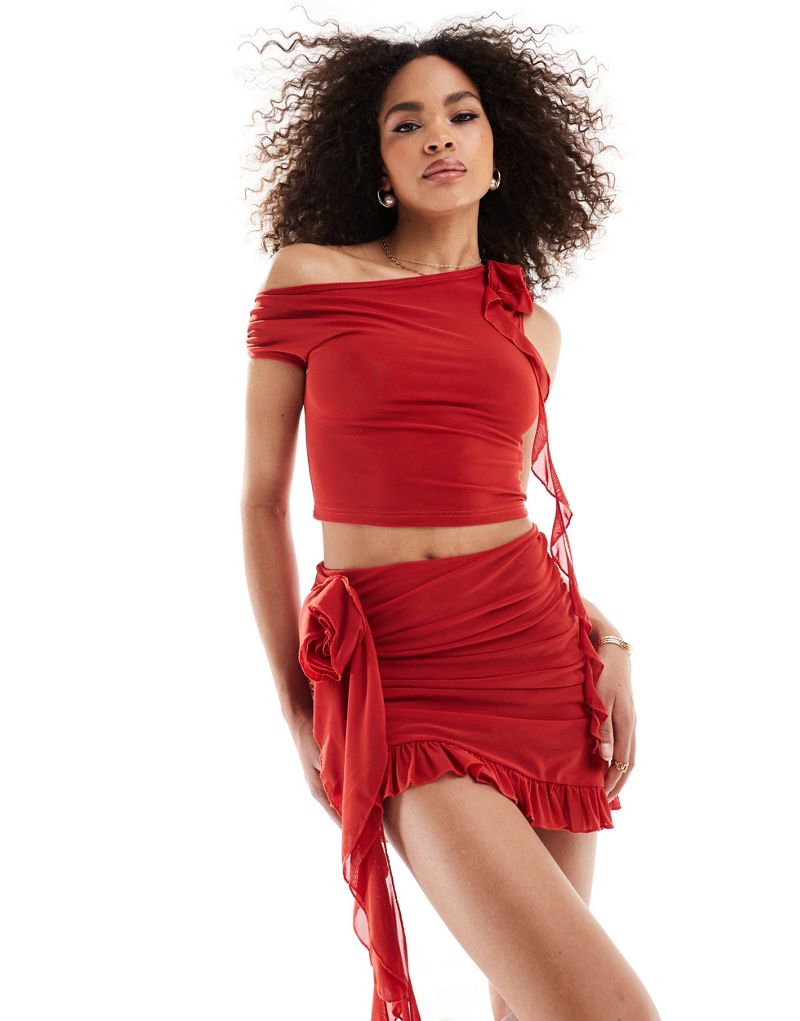 Murci exclusive one shoulder ruffle detail top in red - part of a set Murci
