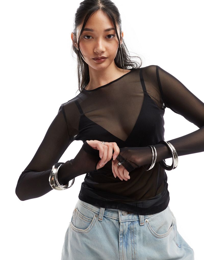 Monki long sleeve sheer top in black Monki