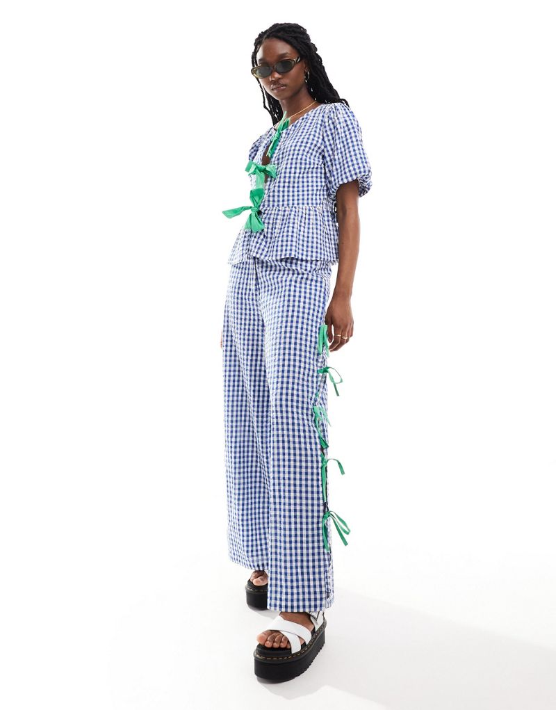 Neon Rose gingham and bow detail wide leg pants in blue and green - part of a set Neon Rose