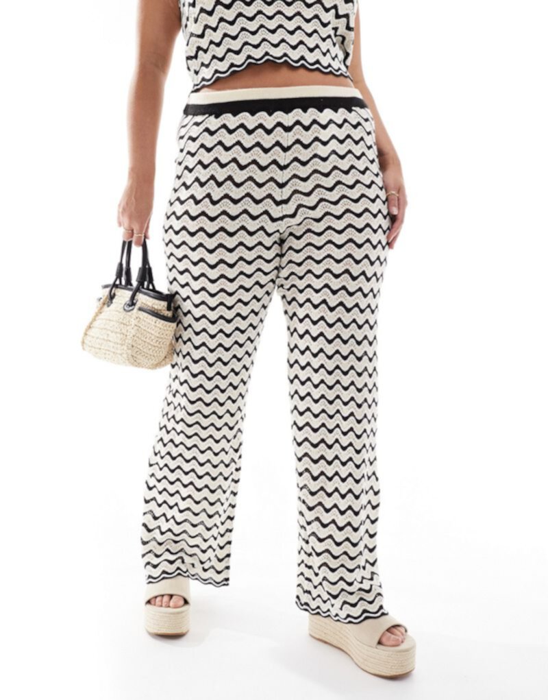 Noisy May Curve knit wide leg pants in black & white wave - part of a set    Noisy May