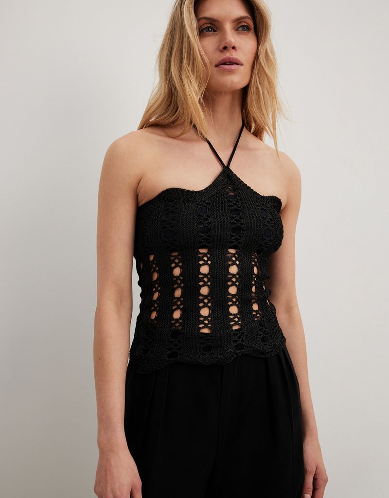 NA-KD crochet halter neck top in black  NAKD