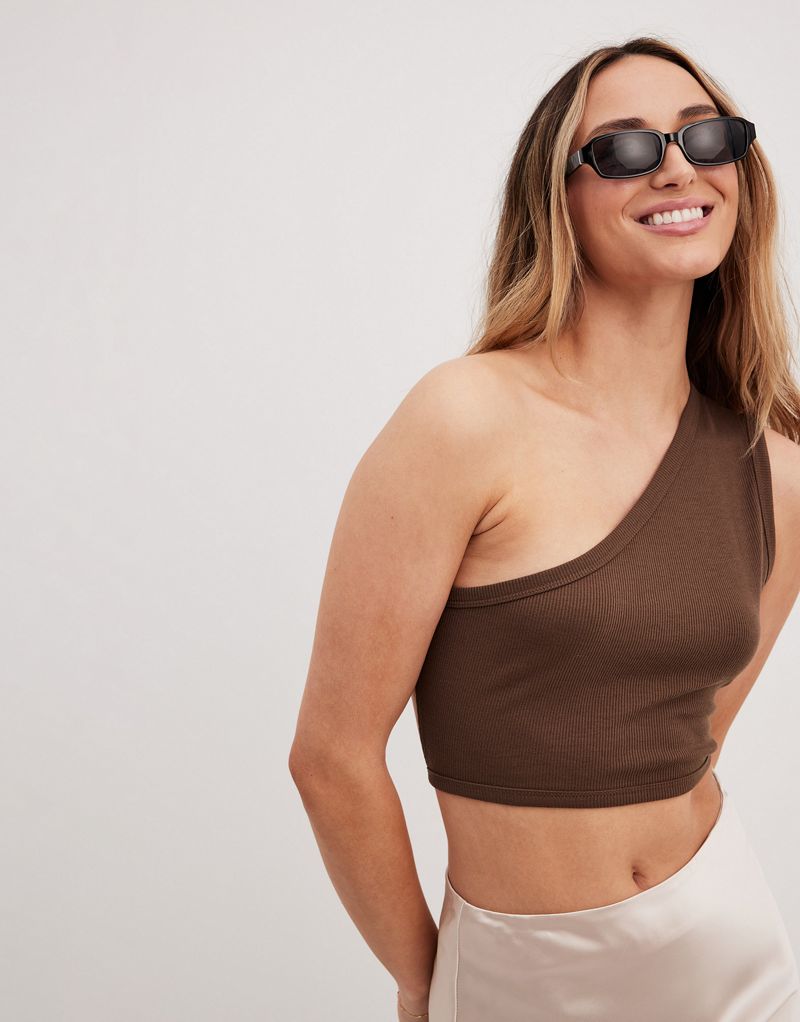 NA-KD one-shoulder top with open back in brown NAKD