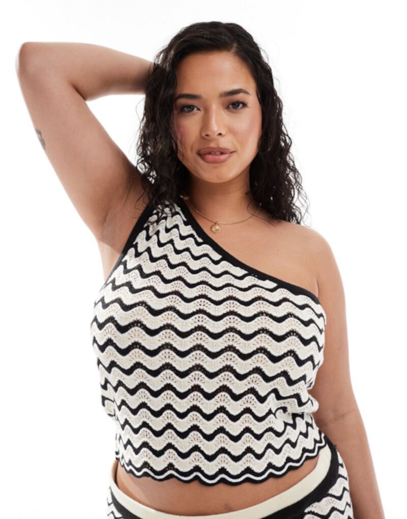 Noisy May Curve knit one shoulder top in black & white wave - part of a set Noisy May