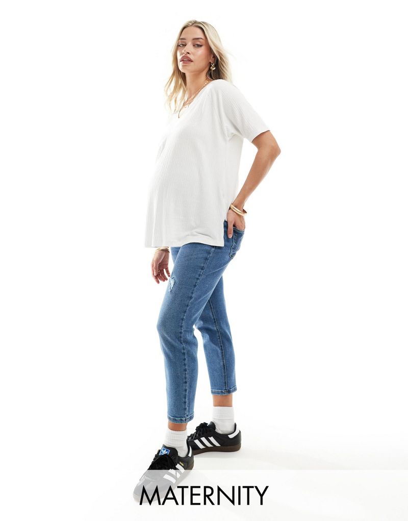 ONLY Maternity high waist ripped mom jeans in light blue  Only Maternity