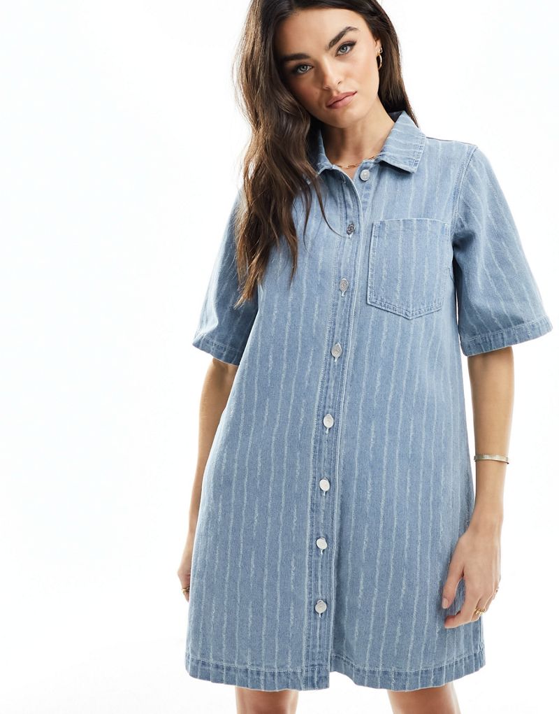 Object pinstripe mini shirt dress in light denim  Object