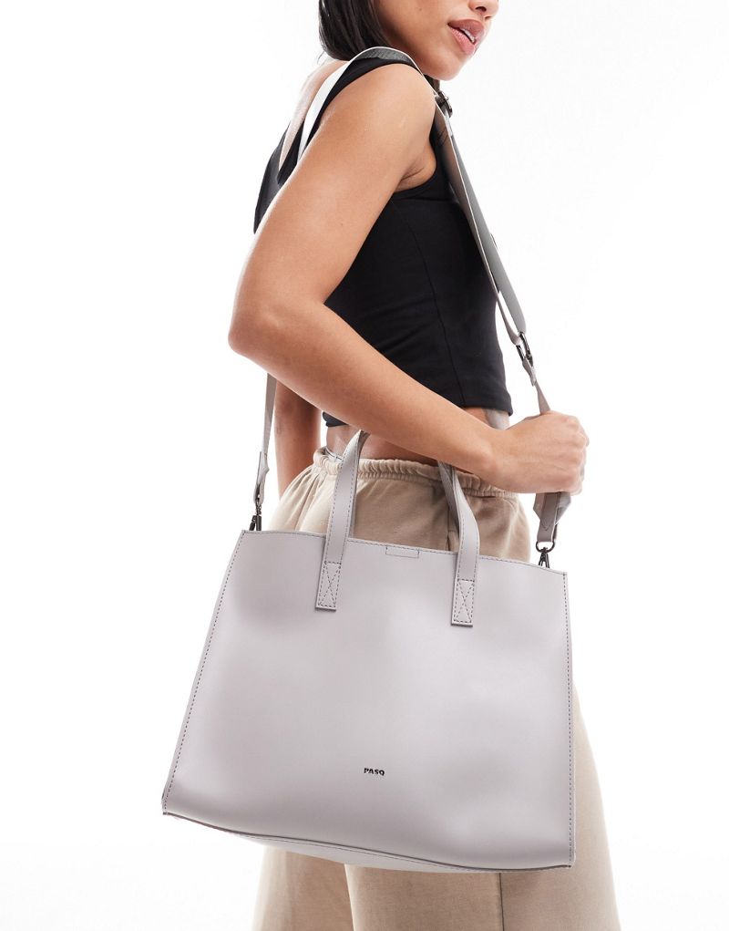 PASQ structured wide tote bag with detachable crossbody strap in gray PASQ