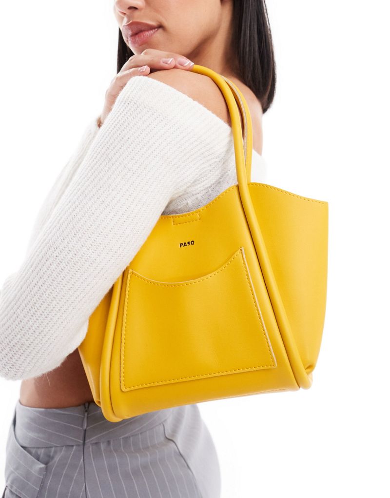 PASQ small grab tote bag with front pocket in yellow PASQ