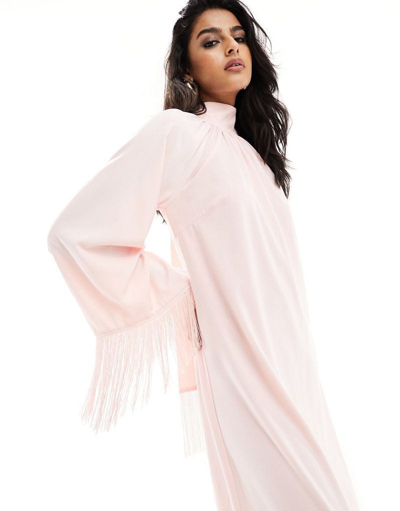 Pretty Lavish one shoulder fringe maxi dress in blush Pretty Lavish