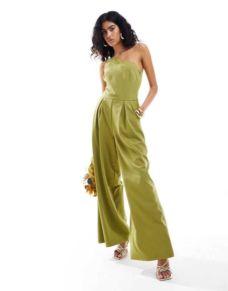 Pretty Lavish one shoulder jumpsuit with pockets in olive Pretty Lavish