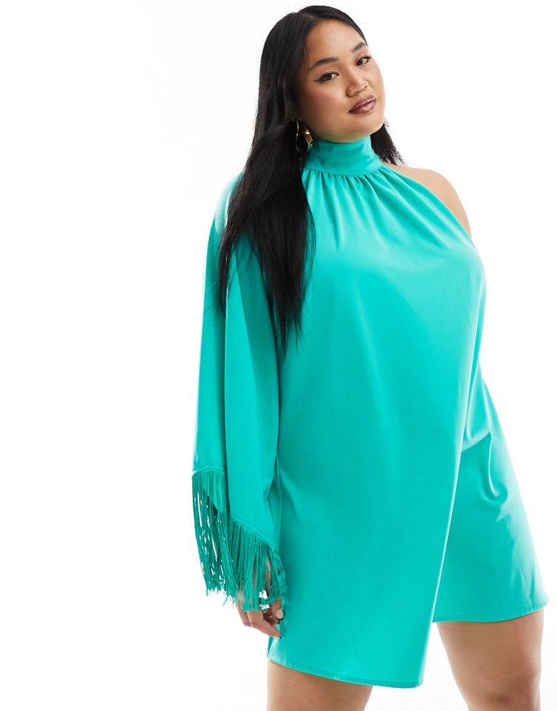 Pretty Lavish Curve one shoulder fringe mini dress in green Pretty Lavish