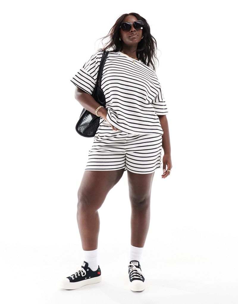 Pieces Curve tie waist sweatshirt fabric shorts in black and white stripe - part of a set Pieces