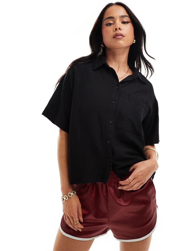 Pieces linen touch boxy shirt in black Pieces