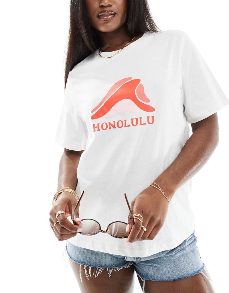 Pieces 'Honolulu' front print beach T-shirt in white Pieces