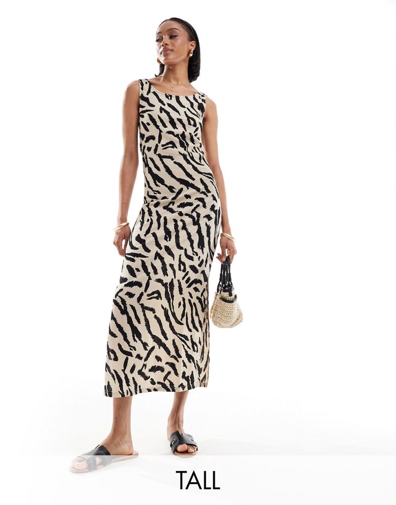 Pieces Tall scoop neck textured jersey maxi dress in beige animal print Pieces