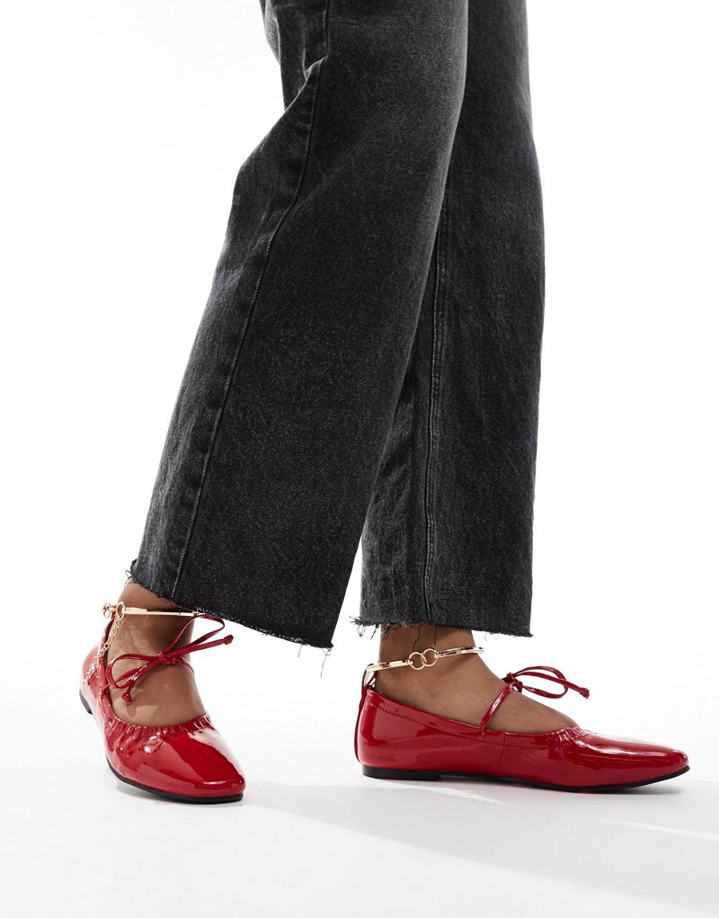 Simmi London Wide Fit Abbie Bow ballet flats with ruching detail and removable anklet in red SIMMI Shoes