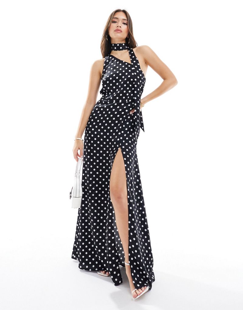 Style Cheat one shoulder satin maxi dress with neck tie in mono spot Style Cheat