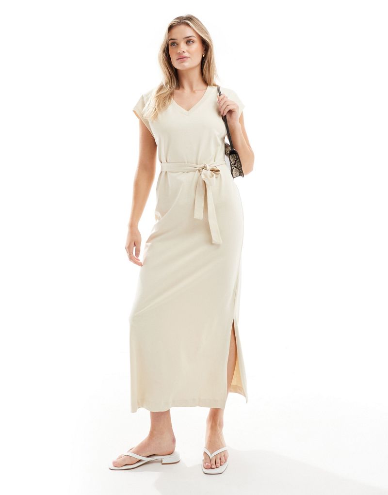 Selected Femme V-neck maxi jersey dress in beige  Selected