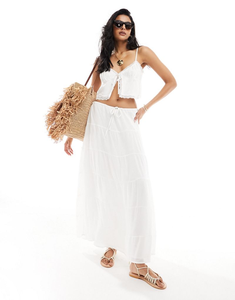 SNDYS cotton tie waist tiered maxi skirt in white - part of a set SNDYS