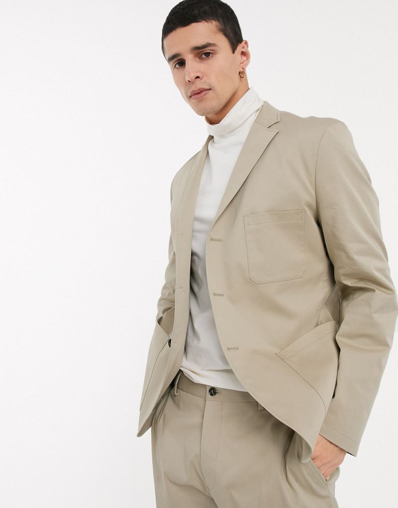 Selected Homme cotton slim fit patch pocket cotton suit jacket in stone Selected