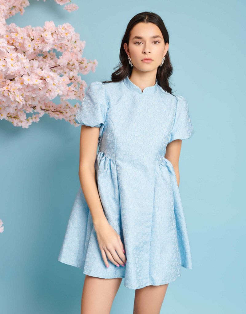 Sister Jane puff sleeve jacquard mini dress in blue Sister jane