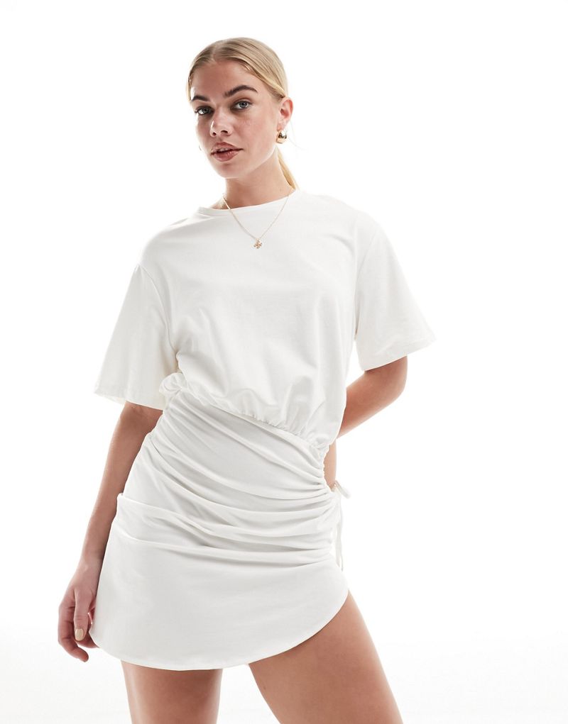 SNDYS short sleeve ruched side cut out mini dress in white SNDYS