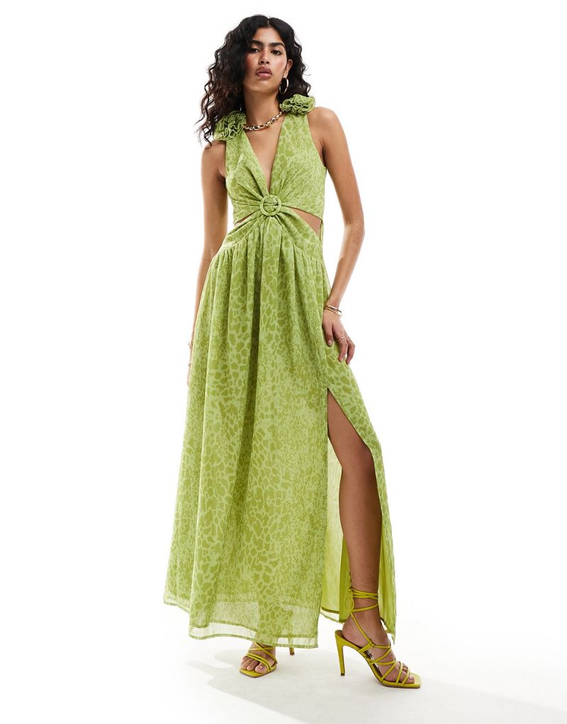 Style Cheat maxi dress with shoulder corsage in lime print Style Cheat