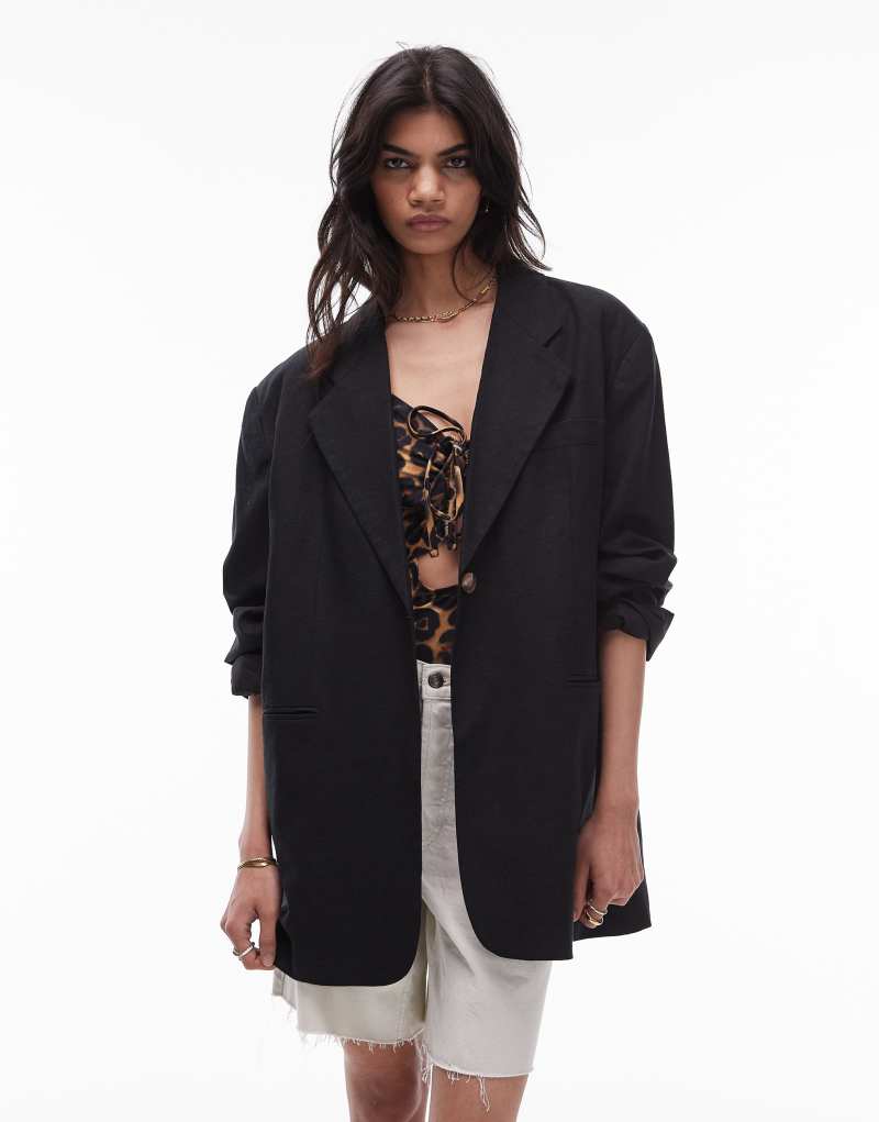 Женский Блейзер Topshop Oversized из льна черного цвета TOPSHOP