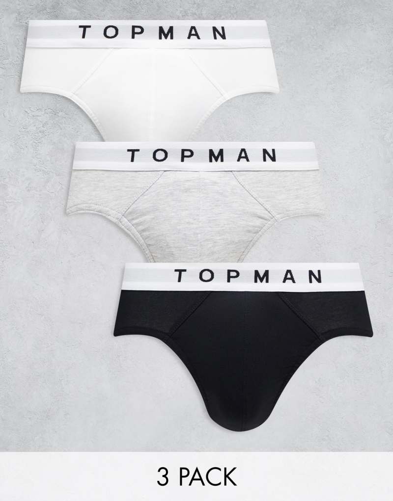 Мужские Трусы Topman 3 шт. в черном, белом и сером с белыми резинками TOPMAN