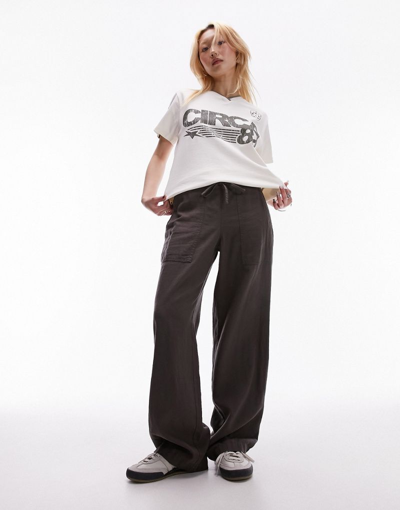 Topshop Petite linen low rise draw cord waist straight leg pants in charcoal Topshop Petite