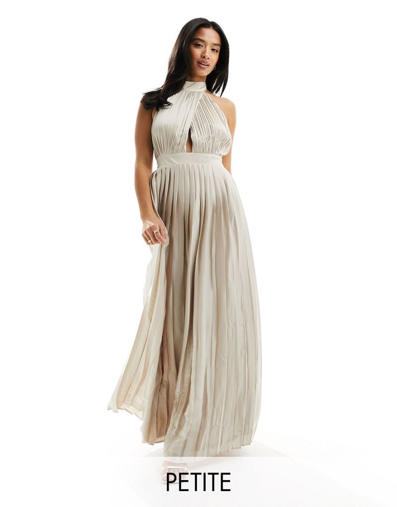 TFNC Petite Bridesmaid satin pleated halterneck maxi dress with full skirt in champagne TFNC