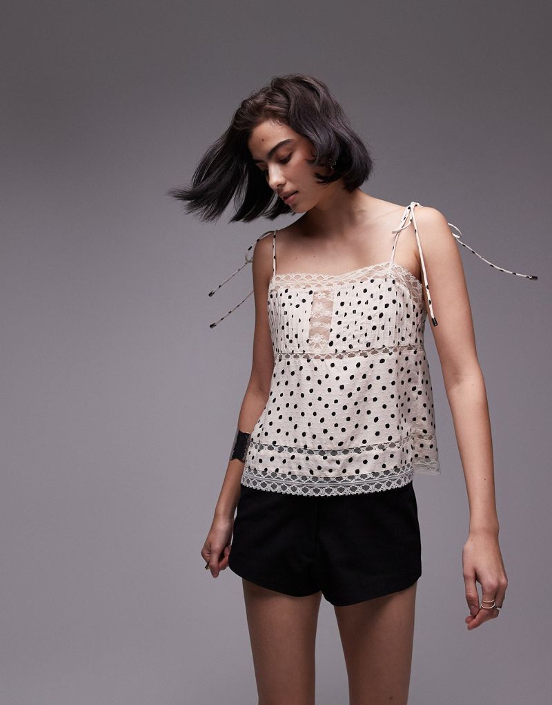 Topshop polka dot lace mix cami top in ivory  TOPSHOP