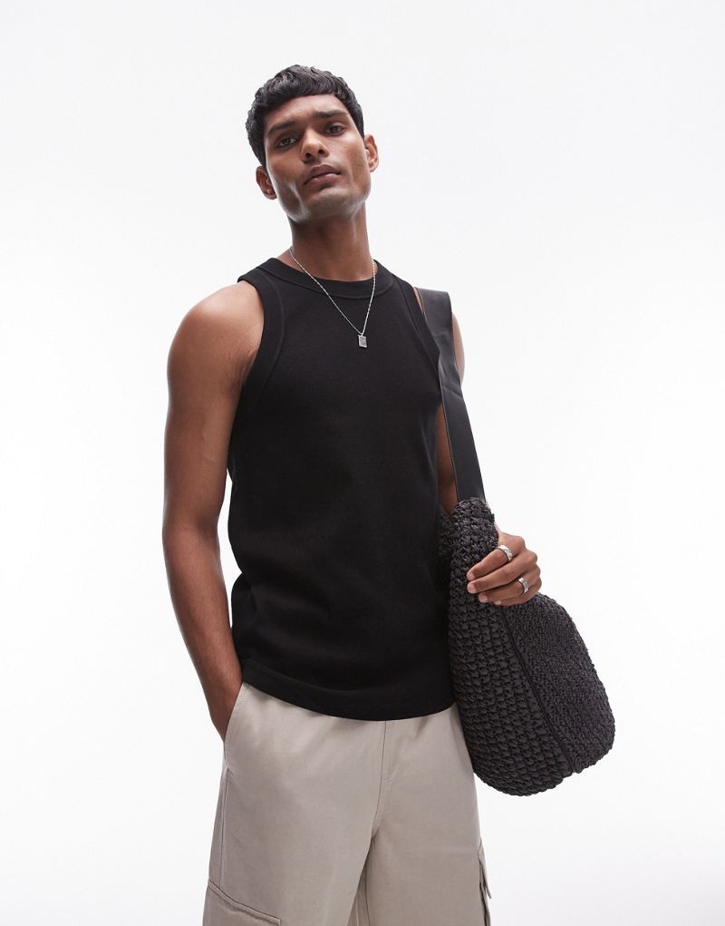 Topman fitted ribbed tank top with high neck in black TOPMAN