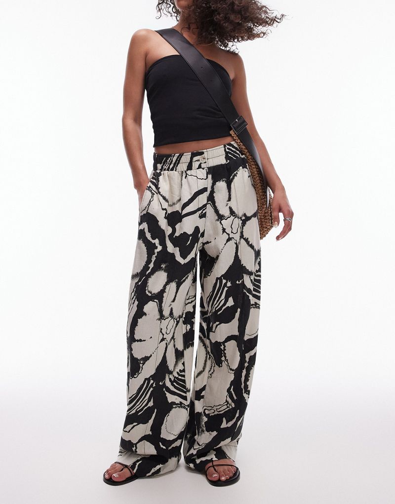 Topshop pull on printed floral linen pants in mono TOPSHOP