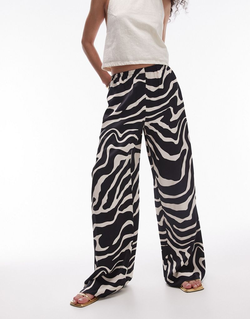 Topshop satin straight leg zebra print pants in black and white TOPSHOP