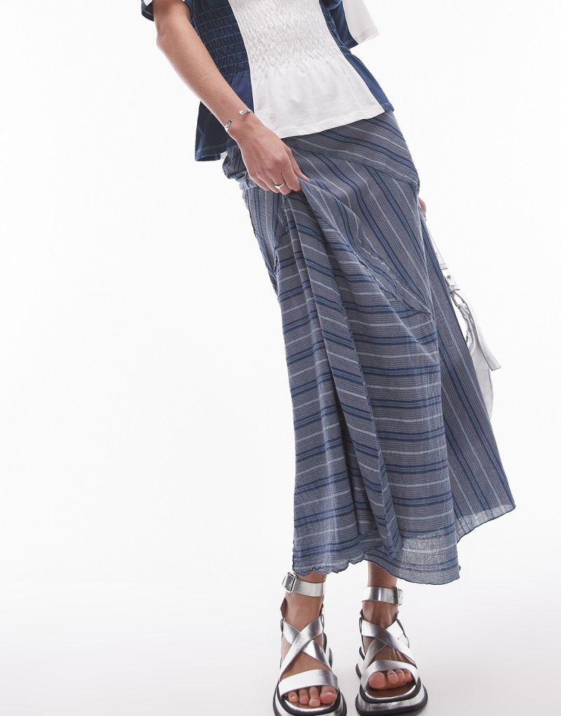 Topshop Tall laundered cutabout midi skirt in multi indigo stripe Topshop Tall