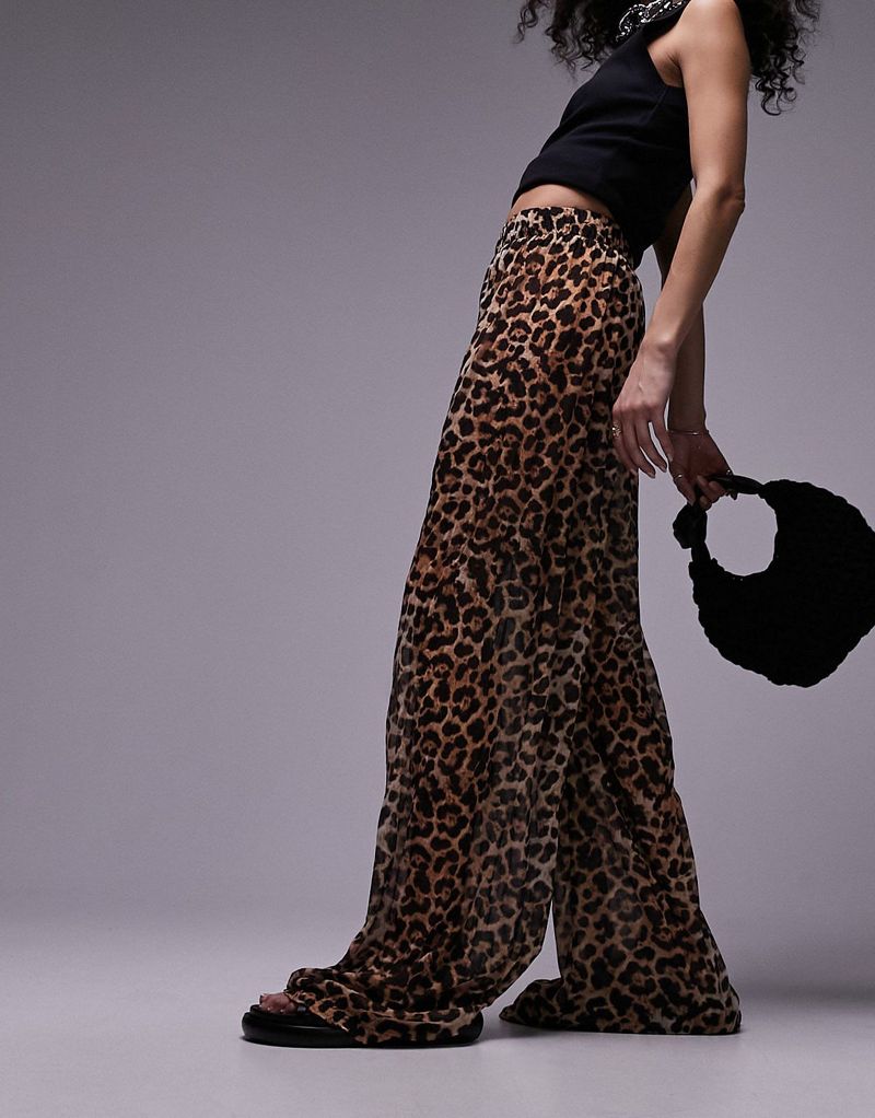 Topshop leopard print sheer crinkle pants in brown TOPSHOP