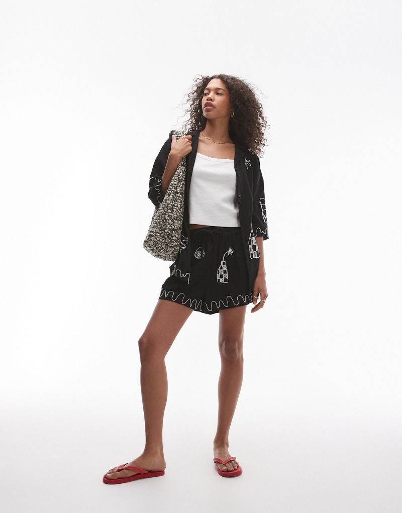 Topshop embroidered pull on shorts in black - part of a set TOPSHOP