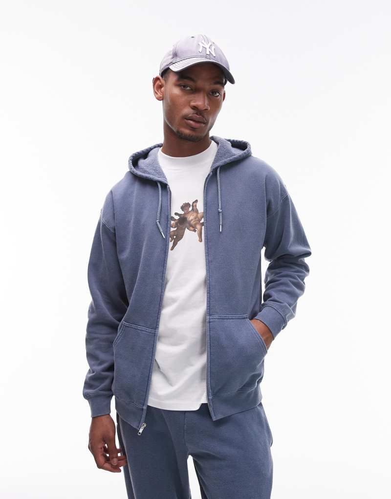 Мужское Худи Topman Vintage Wash Zip Up в синем TOPMAN