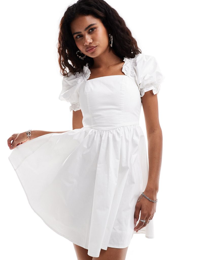 Urban Revivo puff sleeve cotton mini tea dress in white Urban Revivo